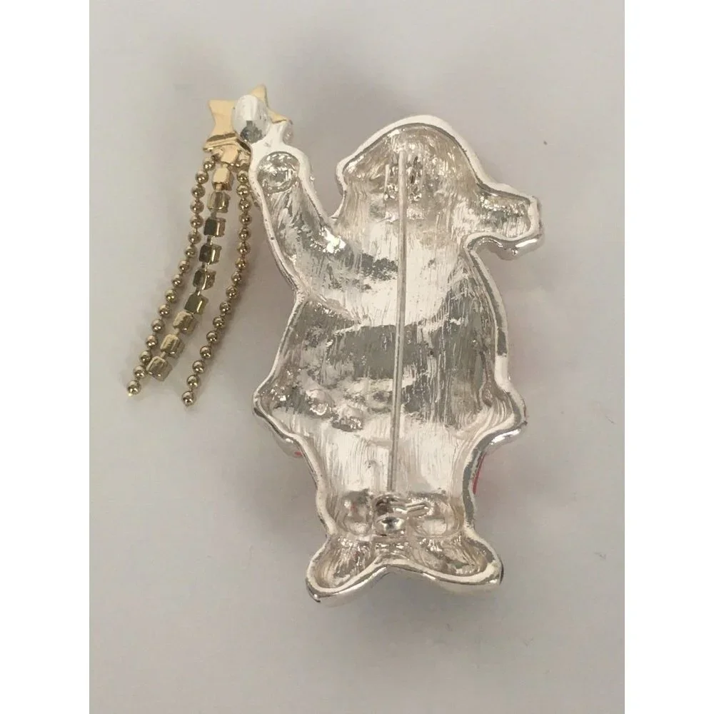 Santa Claus Pin Brooch Holding Star Clear Rhinestones Christmas Holiday Gift - Picture 5 of 5